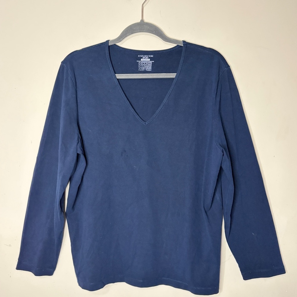 JONES NEW YORK Navy Blue V-Neck Stretchy Long-Sleeve Tee, XXL‎